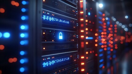 Naklejka premium Modern Data Center with Secure Server Racks Displaying Colorful LED Lights and Network Connectivity