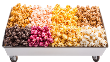Colorful assortment of gourmet popcorn varieties displayed on a silver tray ready for a festive event or gathering.