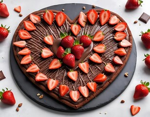 Heart-Shaped Chocolate Dessert Pizza: Gourmet Treat with Strawberries and Syrup. generated by ai. 