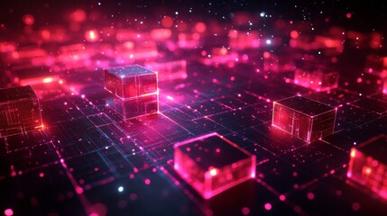 Abstract digital landscape featuring illuminated cubes and a grid, representing technology and data.