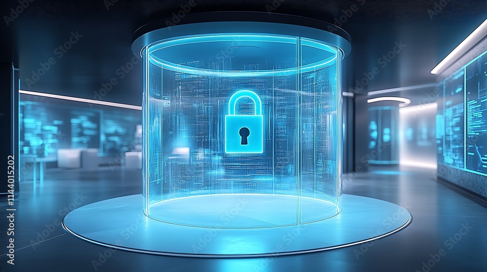 Poster secure digital environment with transparent lock and futuristic data visualization display