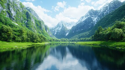 Serene mountain lake reflecting snow-capped peaks under a vibrant sky.