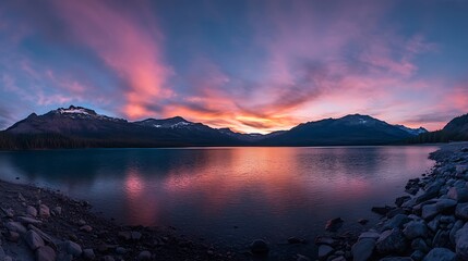 Pink and Purple Sunset Over Mountain Lake at Dusk. AI Generated