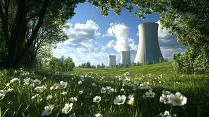 A cooling tower of a nuclear power plant set in a natural, green environment, with a blue sky behind, symbolizing atomic energy. Nuclear energy and its impact on sustainability and the environment.