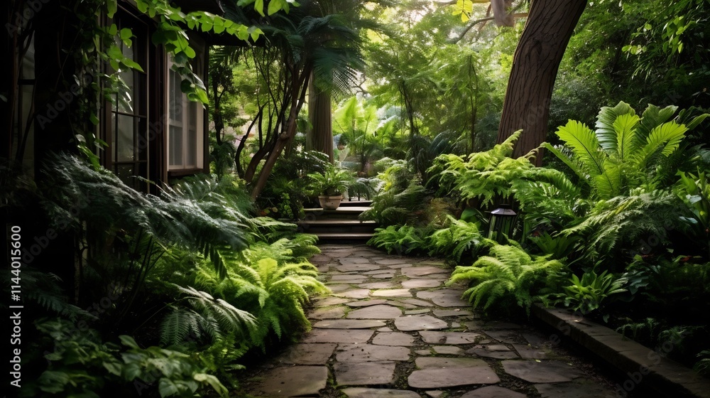 Poster lush green garden path lined with ferns and shade loving plants under the canopy of tall trees creat