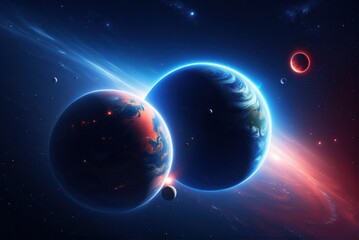 Obraz premium A breathtaking view of a celestial landscape, featuring a vibrant planet, a smaller moon, and a breathtaking sunset over a sea of fluffy clouds.