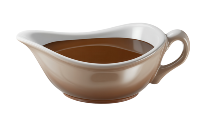 A ceramic gravy boat filled with rich brown sauce placed on a neutral background, perfect for holiday meals and gatherings.