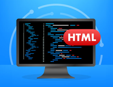 Computer monitor showing html programming code on blue background