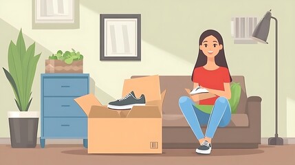 Happy Woman Unboxing New Sneakers at Home