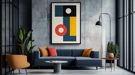 Interior shot of modern living room with geometric painting mockup.. AI Generated