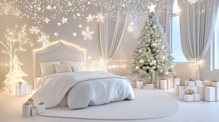 A white bedroom with a Christmas tree and a bed. The room is decorated with white curtains and a white bedspread