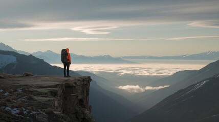 Tourists are standing and looking at the morning mist on the cliff.