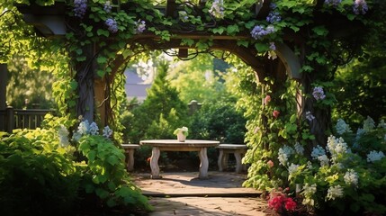 Lush and verdant garden arbor adorned with a bountiful display of climbing ivy and vibrant morning glory flowers on a tranquil sun drenched day