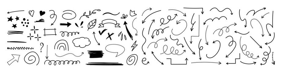 Hand-drawn sketch doodle elements with arrows, hearts, and shapes