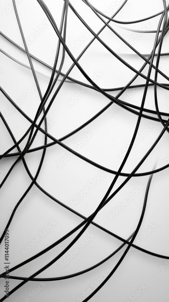 Poster abstract composition of black cables on a white background creating a chaotic network of lines illus