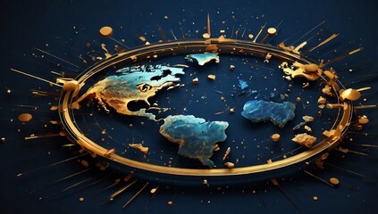 Abstract image of planet Earth. Vector. The effect of movement and explosion. Stars and planets. The contours of the continents. Modern technological image. Clock face. Time before the disaster.
