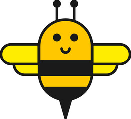 Simple cartoon-style drawing of a bee with a yellow body, black stripes, two wings, and a smiling face with round eyes.

