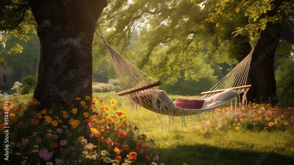 Poster a relaxing garden hammock strung between two majestic trees surrounded by a vibrant display of wildf