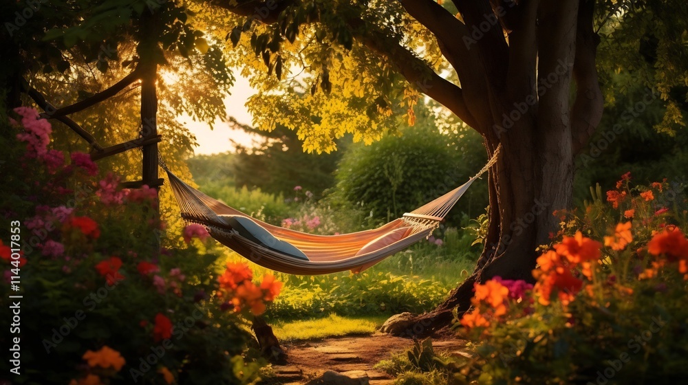 Poster a peaceful and serene garden setting with a relaxing hammock strung between two trees surrounded by 