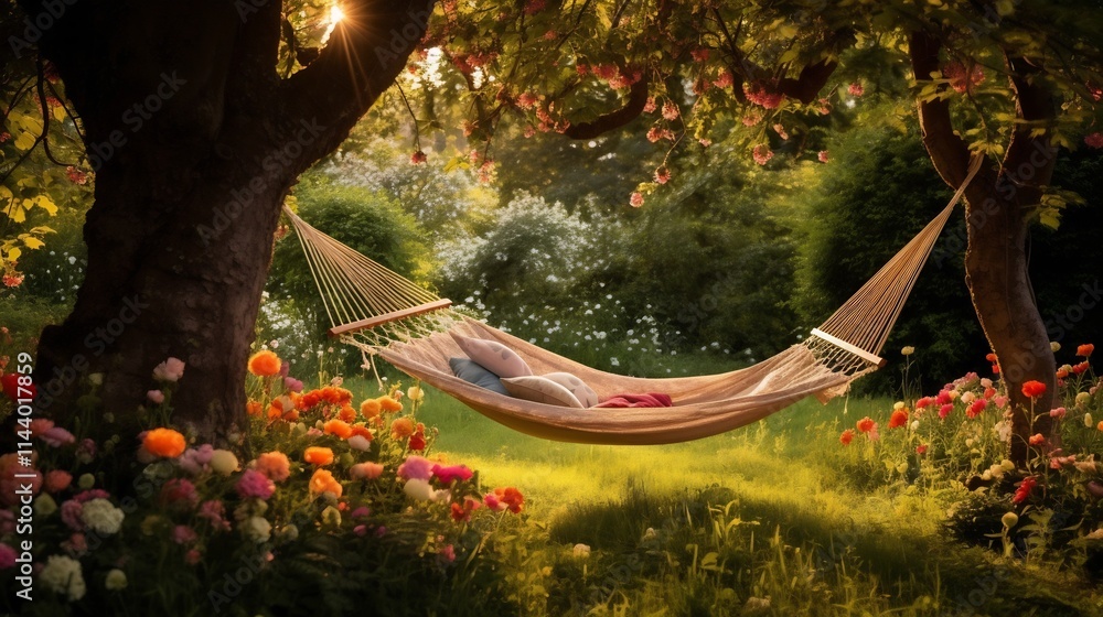Aufkleber peaceful garden hammock strung between lush trees surrounded by a vibrant array of colorful wildflow
