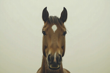 Fototapeta premium A brown horse, with a white spot on its forehead, stares at the camera.