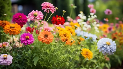 Obraz premium Lush and colorful garden border featuring a vibrant display of blooming zinnias cosmos and marigolds in full seasonal glory The border creates a beautiful ornamental and natural landscape