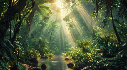 Dense Tropical Rainforest with Sunlight Penetrating the Canopy.