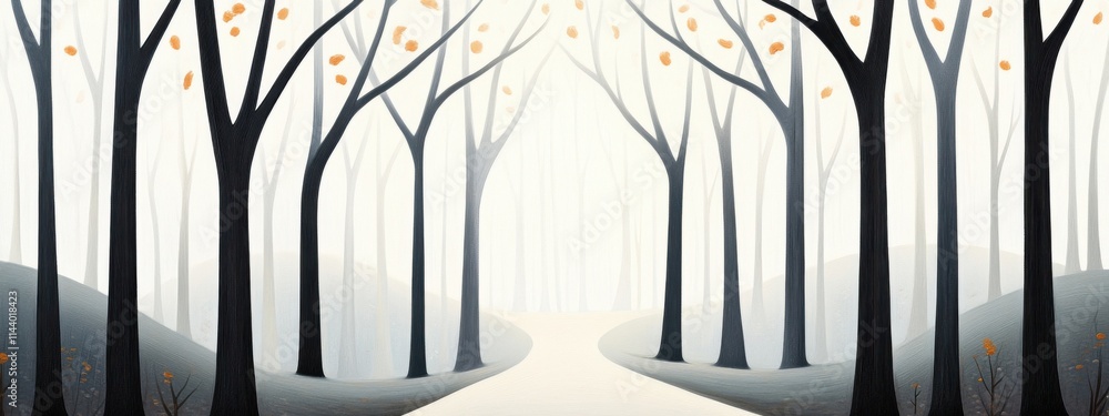 Poster serene pathway through a minimalist autumn forest with bare trees and soft tones on a foggy day, evo