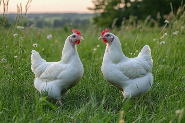 Fototapeta premium Two white chickens face each other in a grassy field at sunset. Perfect for articles about farming, poultry, or rural life.