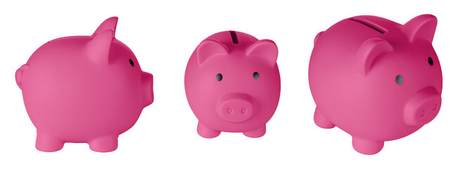 Set Piggy bank pig Red color on isolated white background close up