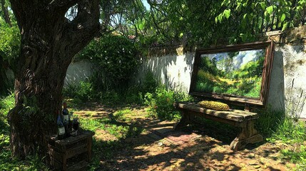 A serene garden scene with a painting on display.