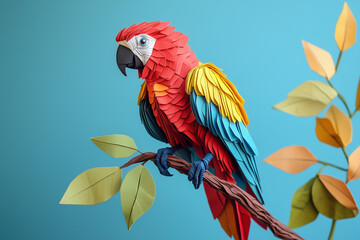 Obraz premium Paper Origami Macaw Parrot Perched on Tree Branch