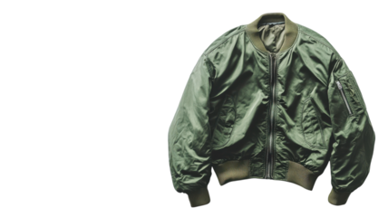 Stylish green bomber jacket displayed on a transparent background, showcasing its design and texture details for fashion enthusiasts.