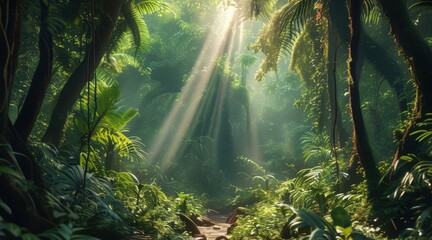 Obraz premium Dense Tropical Rainforest with Sunlight Penetrating the Canopy.