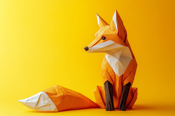Paper Origami Fox with Curled Tail on Yellow Background
