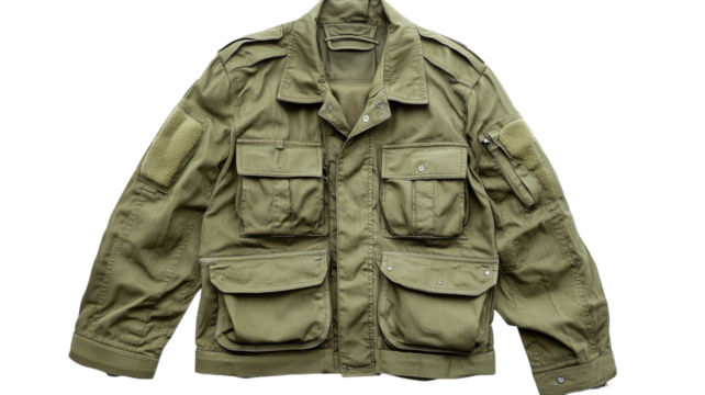 Olive green military jacket with multiple pockets displayed against a transparent background for design purposes.