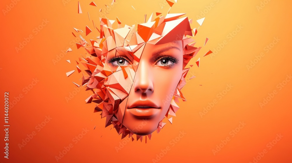 Aufkleber abstract representation of a face emerging from a disintegrating structure against an orange backgro