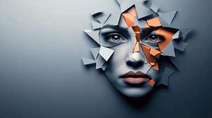 Abstract female face emerging from broken shards of glass in shades of gray and orange, reflecting emotions of fragmentation and beauty in a surrealist style