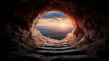 A breathtaking view of a sunset seen through a cave entrance, emphasizing natural beauty and calmness, highlighting the interplay of light and shadow in a serene environment.