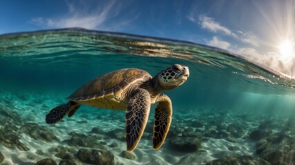 Obraz premium A beautiful sea turtle swims gracefully beneath the sunlight.