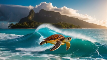 Obraz premium A turtle gracefully rides a wave against scenic mountainous backdrop.
