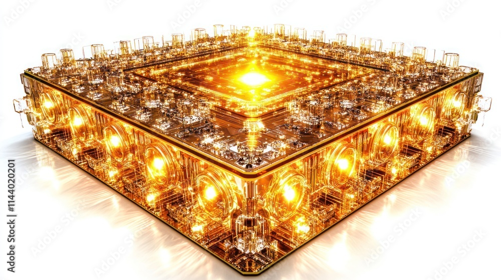 Poster glowing golden cube with intricate internal structure, isolated on white background.
