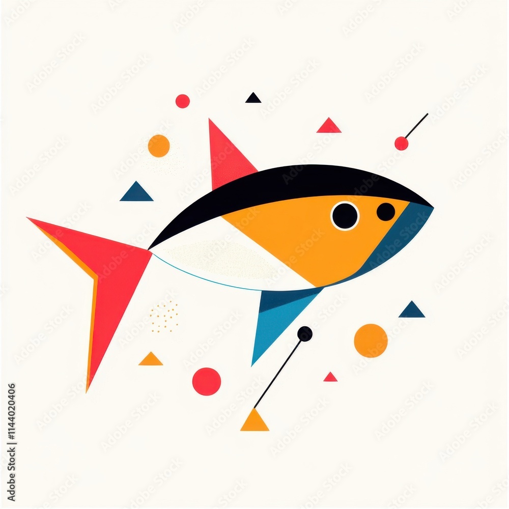 Poster abstract illustration of a colorful fish surrounded by geometric shapes and patterns featuring bold 