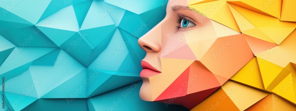 Poster geometric abstract art of a female face with vivid colors and sharp shapes against a bright backgrou