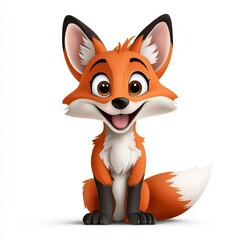 Obraz premium A photostock of a cartoon fox cub with perked ears and a fluffy tail, isolated on a clean white background, playful and animated, High Quality