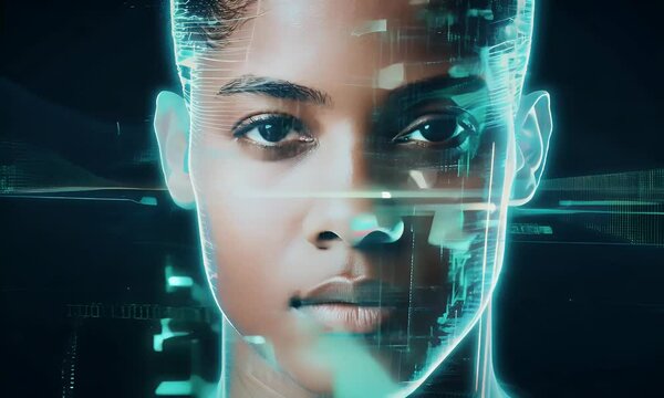 portrait of a human face morphing into a digital matrix of binary code and holographic light