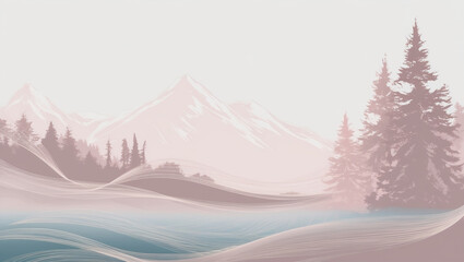 Serene minimalist landscape with mountains and trees in soft pastel tones at sunrise