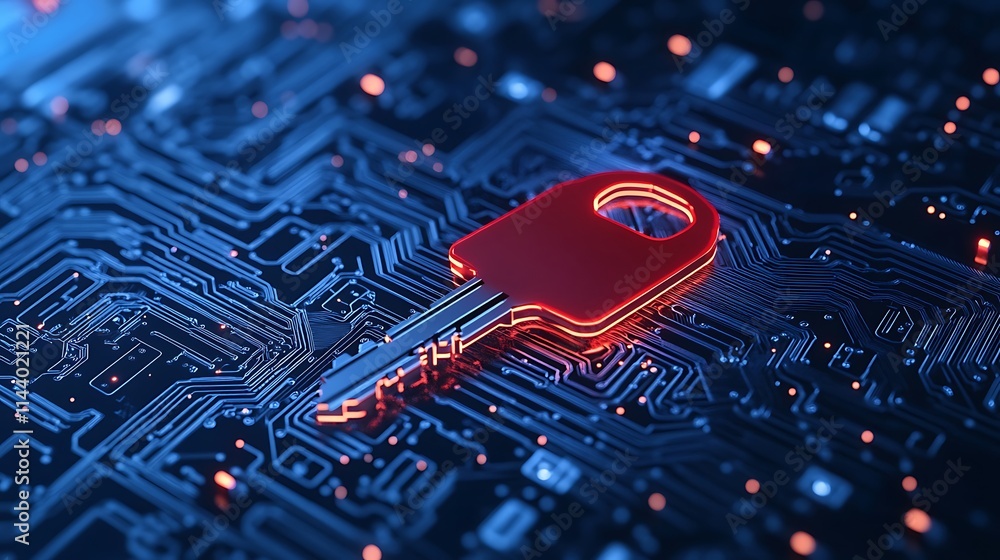 Poster digital key symbolizing security on a high-tech circuit board background