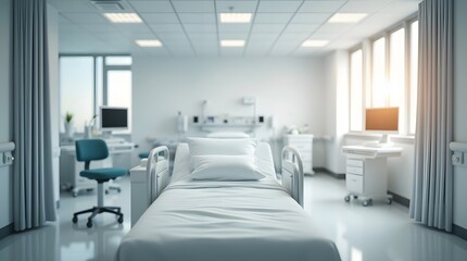 Fototapeta premium Empty hospital bed, sterile room, bright sunlight streams through windows, conveying a sense of hope and calm, yet also solitude.