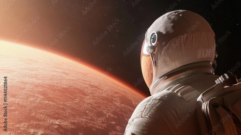 Poster astronaut gazing at red planet mars in outer space with distant stars and cosmic environment, captiv